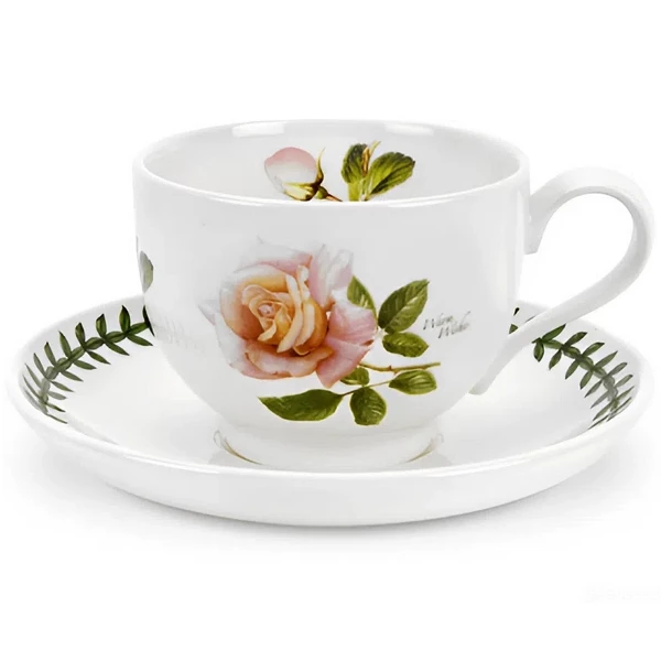 Чашка чайна Portmeirion Botanic Roses з малюнком троянди та блюдцем з лавровим вінком об'єм 230 мл Зроблена в Англії
